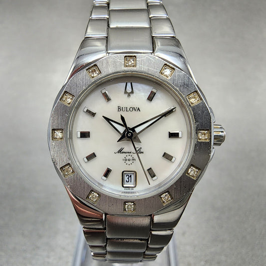 Bulova Marine Star Watch Women 25mm MOP Dial Silver Tone Date 96r24 New Battery0