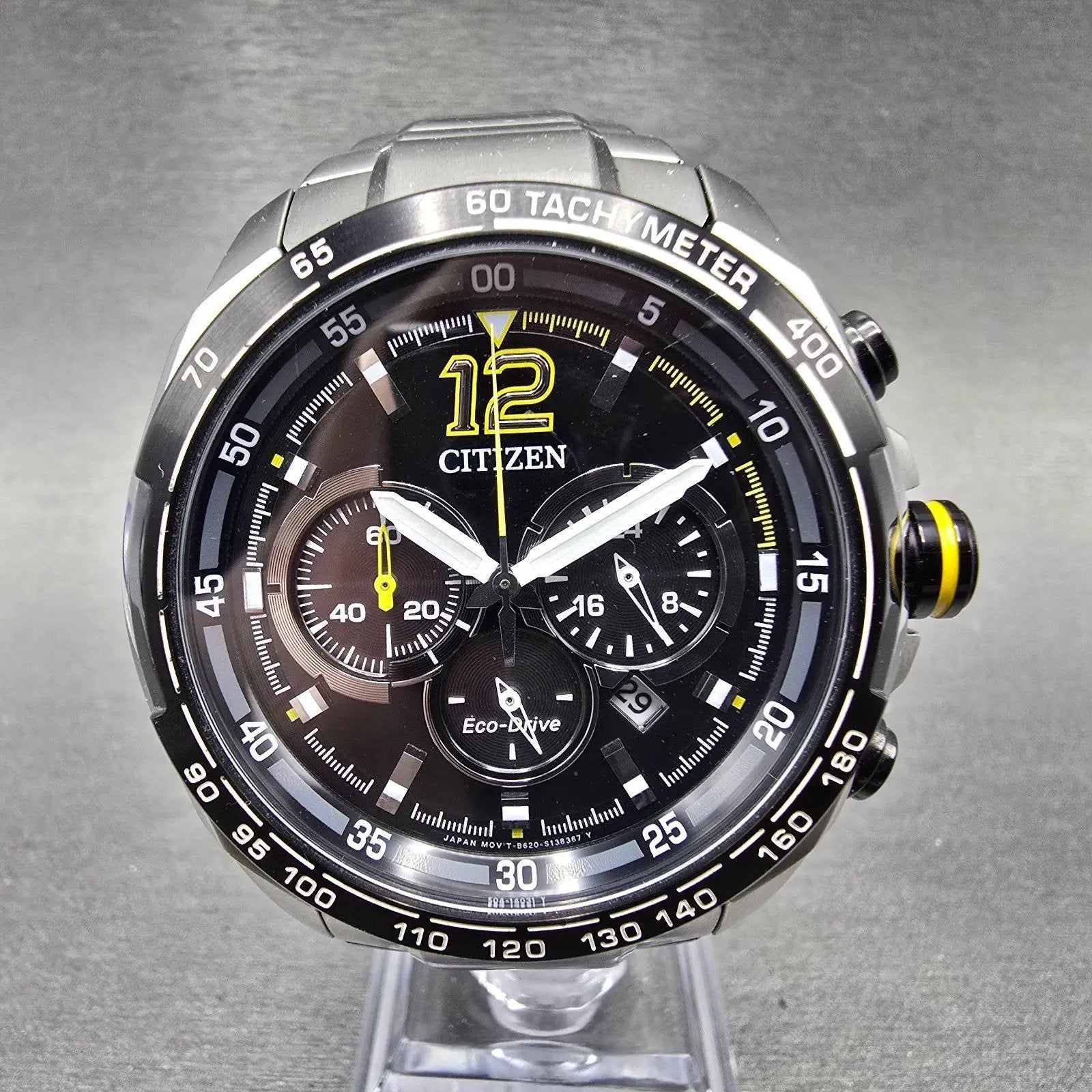 Citizen Eco-Drive Chronograph Watch Men 47mm Black Dial Steel Date Round Runs0