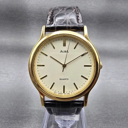 Seiko Alba Watch Men 33mm Ivory Dial Gold Tone Round V501-6K30 New Battery VTG0