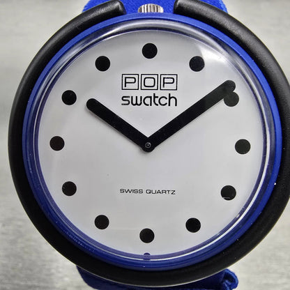 Pop Swatch BLUE RIBBON Watch Unisex White Dial Blue Case Round BS001 New Battery1