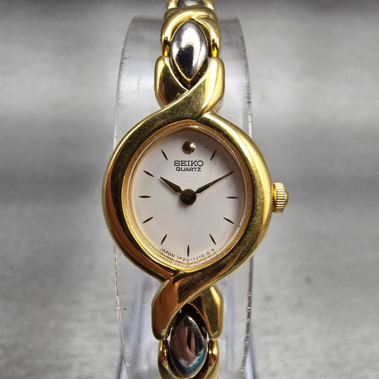 Seiko Watch Women 16mm White Dial Two Tone Oval 1F20-5H79 New Battery Vintage0