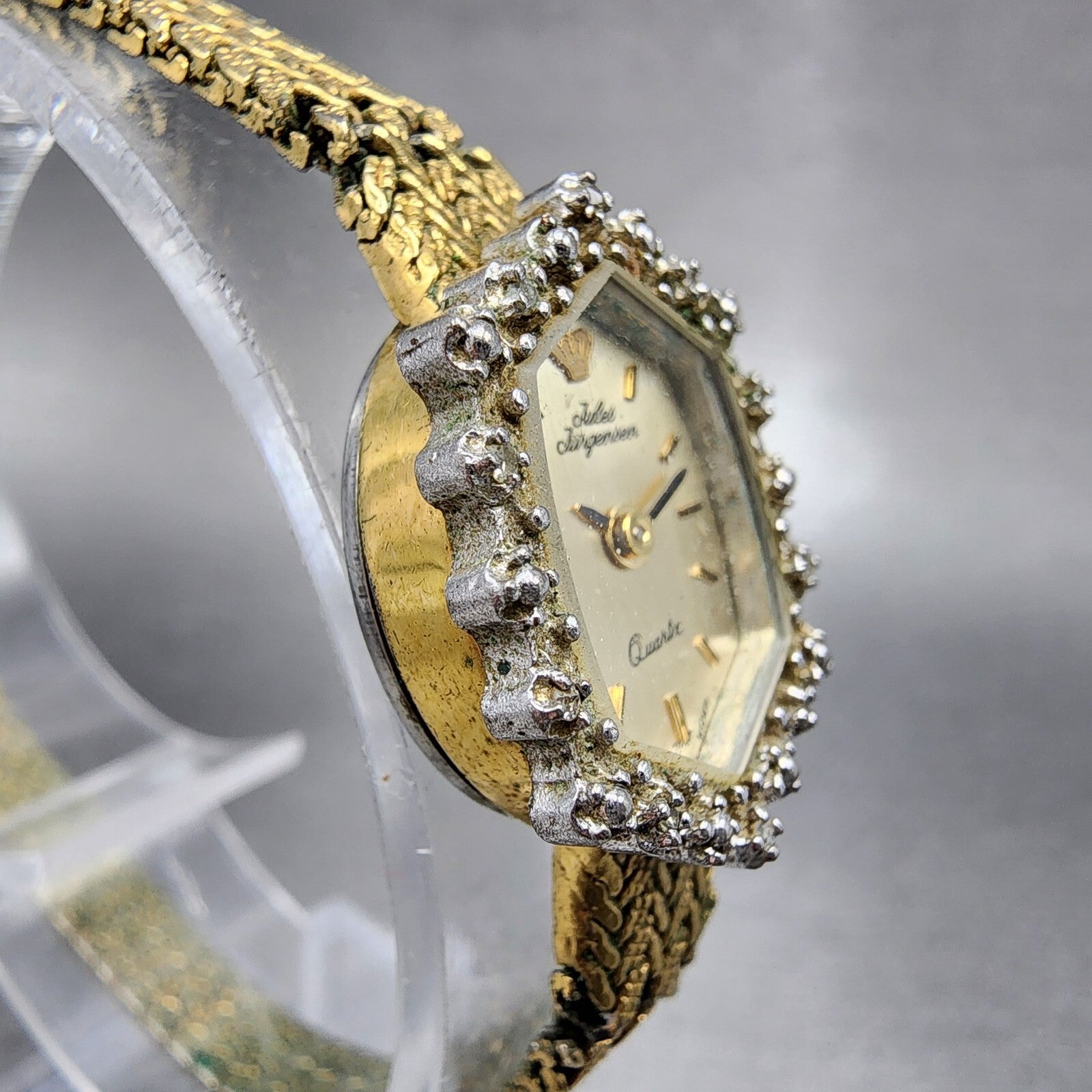 Jules Jurgenson Watch Women 15mm Gold Dial Gold Tone Hexagon Gem Set Bezel Runs3
