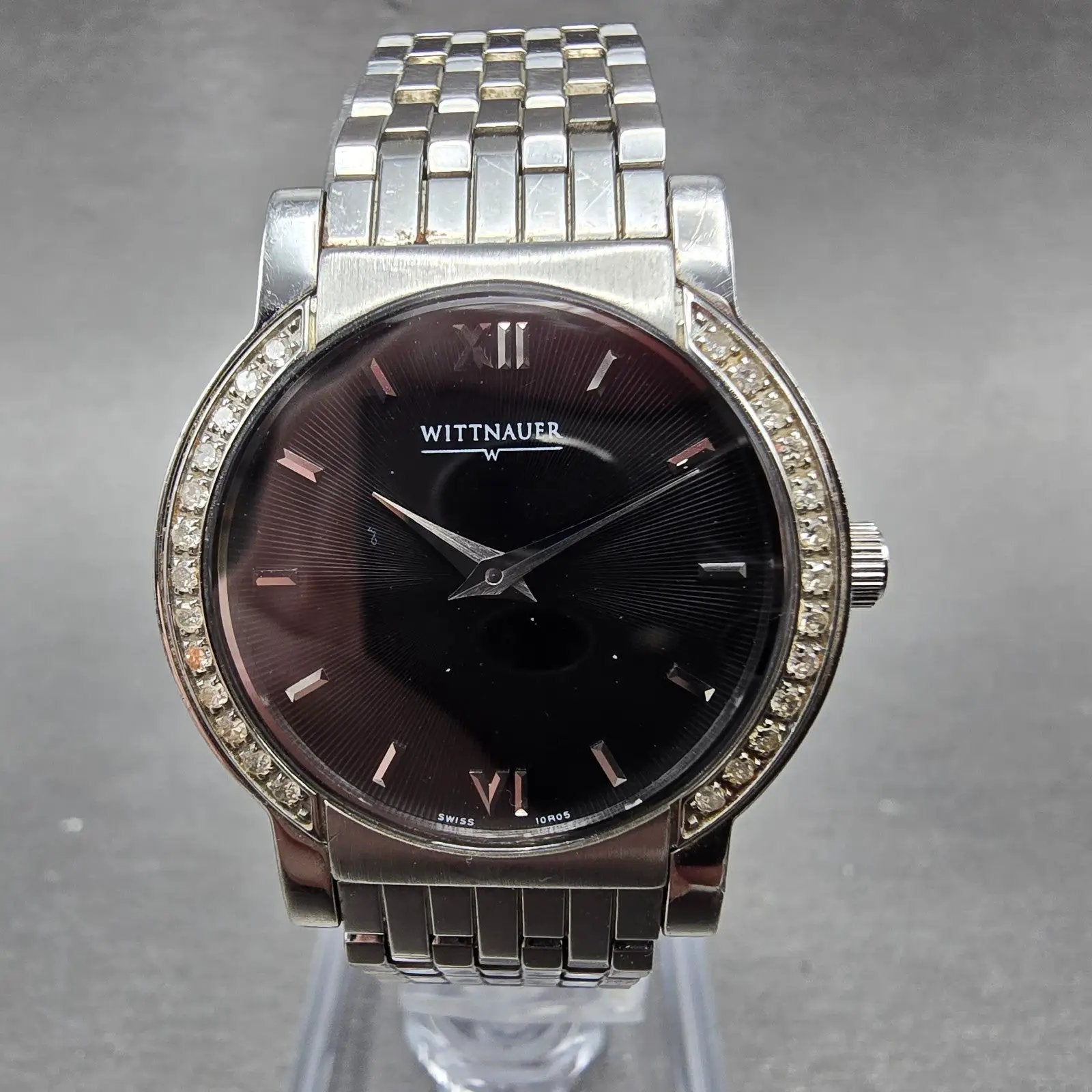 Wittnauer Watch Women 27mm Black Dial Steel Diamond Accents Round New Battery1