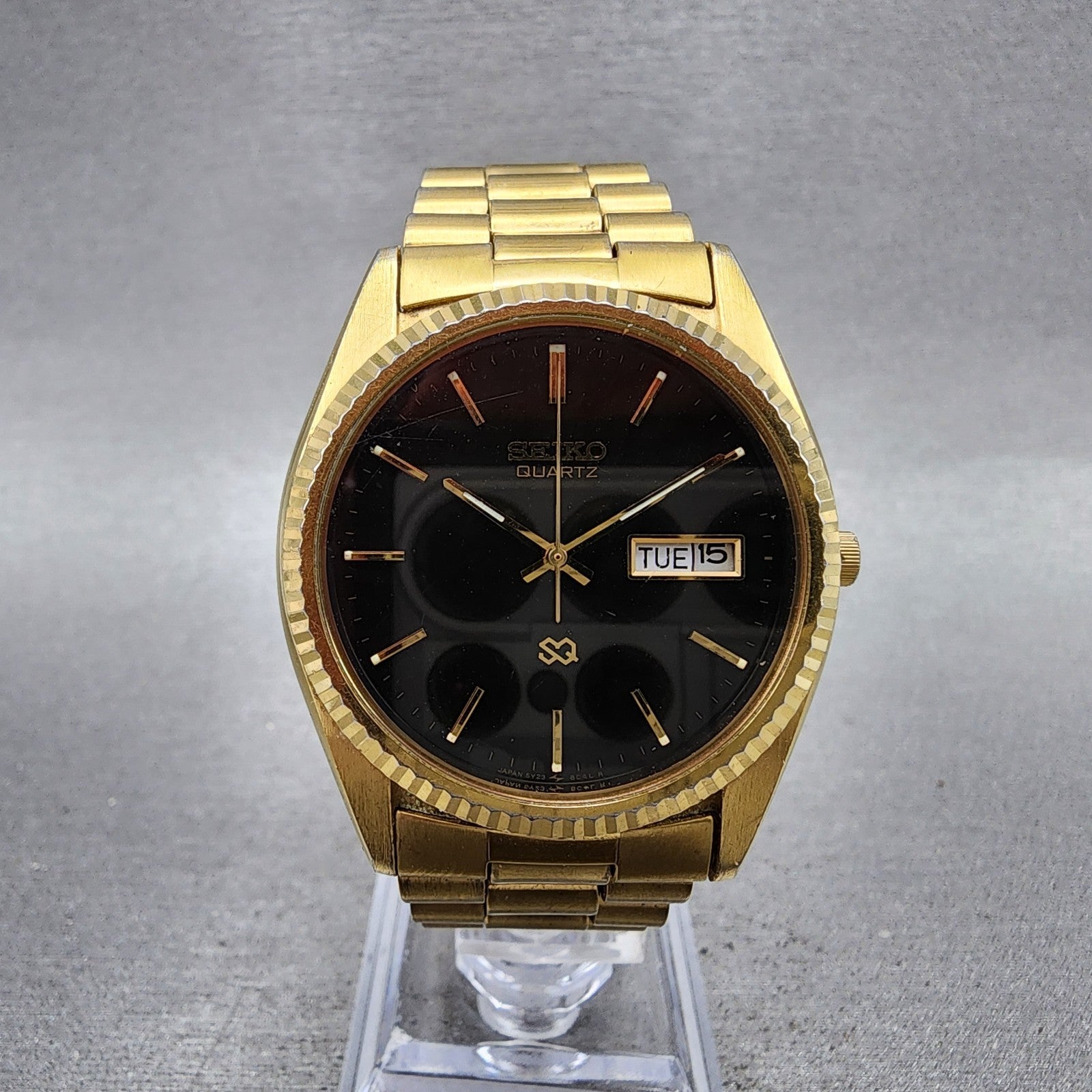 Seiko SQ President Watch Men 36mm Black Dial Gold Tone 5Y238A60 New Battery0