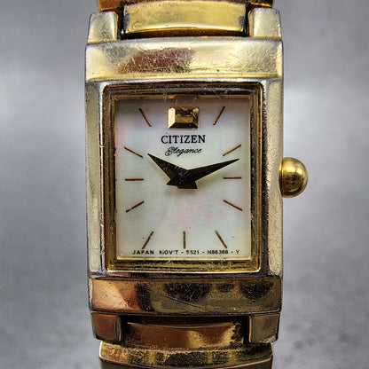 Citizen Tank Watch Women 14mm MOP Dial Gold Tone Rectangle New Battery Vintage1