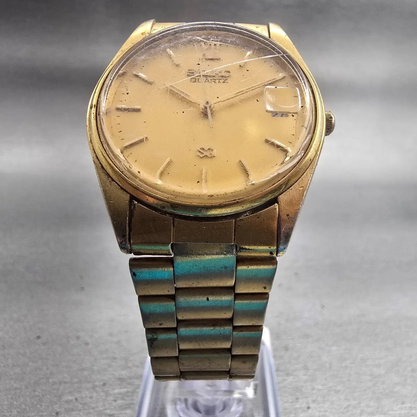 Seiko SQ Watch Men 32mm Gold Dial Gold Tone Date Round 5Y22-6009 New Battery VTG5