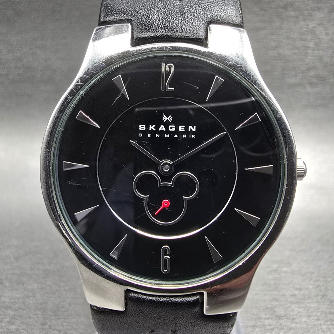 Skagen Mickey Mouse Watch Men 33mm Black Dial Silver Tone Round D433LSLB New Bat0