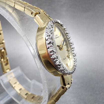 Jules Jurgenson Watch Women 15mm Gold Dial Gold Tone Oval Gem Set Bezel Runs3