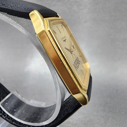Longines Tank Watch Men 28mm Gold Dial Gold Tone Date Rectangle New Battery VTG3