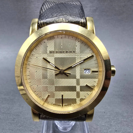 Burberry Watch Men 38mm Champagne Dial Gold Tone Date Round BU1874 New Battery0