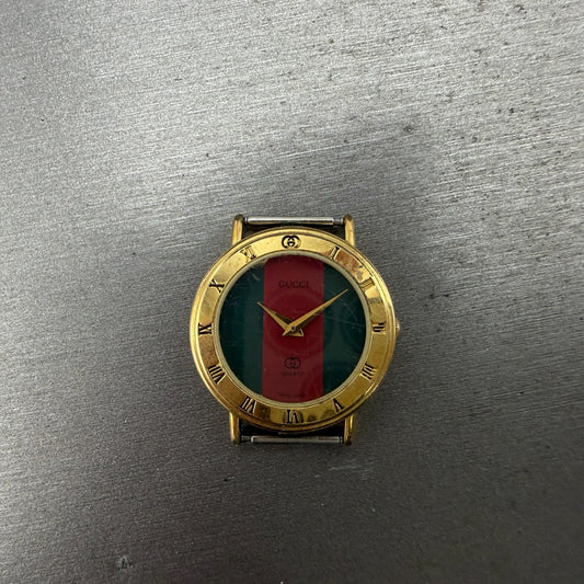 Gucci 3000L Watch Women 26mm Red Green Dial Gold Plated Round Leather New BattA50