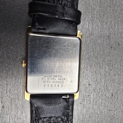 Seiko Tank Watch Men 25mm Gold Dial Gold Rectangle 5Y30-5069 New Battery VTG JP10