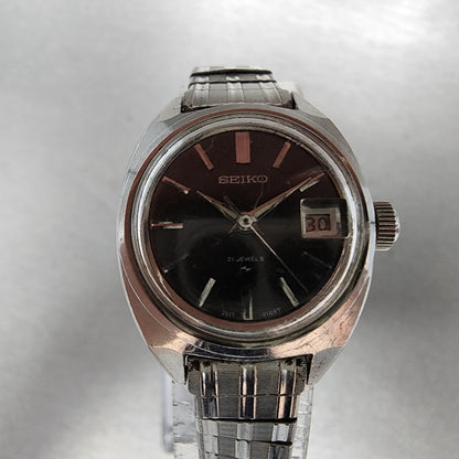 Seiko Automatic Watch Women 23mm Black Dial Silver Tone Date 2517-0221 PARTS