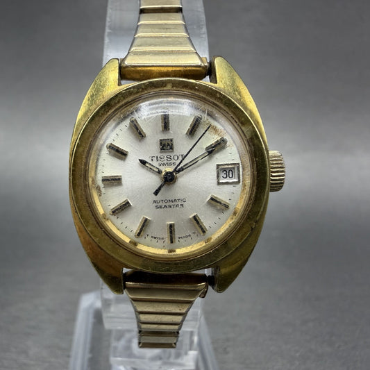 Tissot Seastar Automatic Watch Women 23mm Silver Dial Gold Tone Date PARTS READ!0