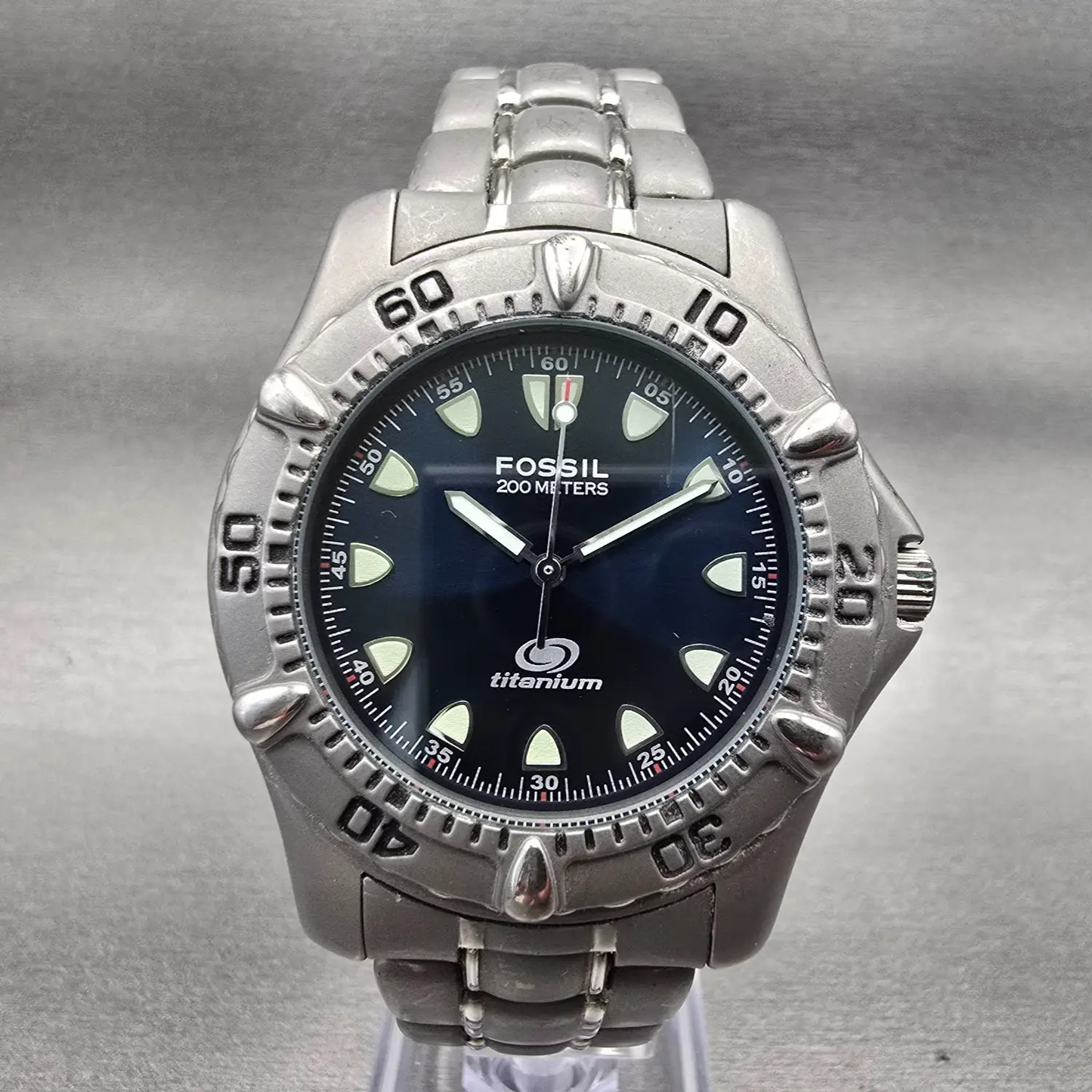 Fossil Dive Watch Men 40mm Blue Dial Gray Tone Titanium Round TI-5013 New Batt0