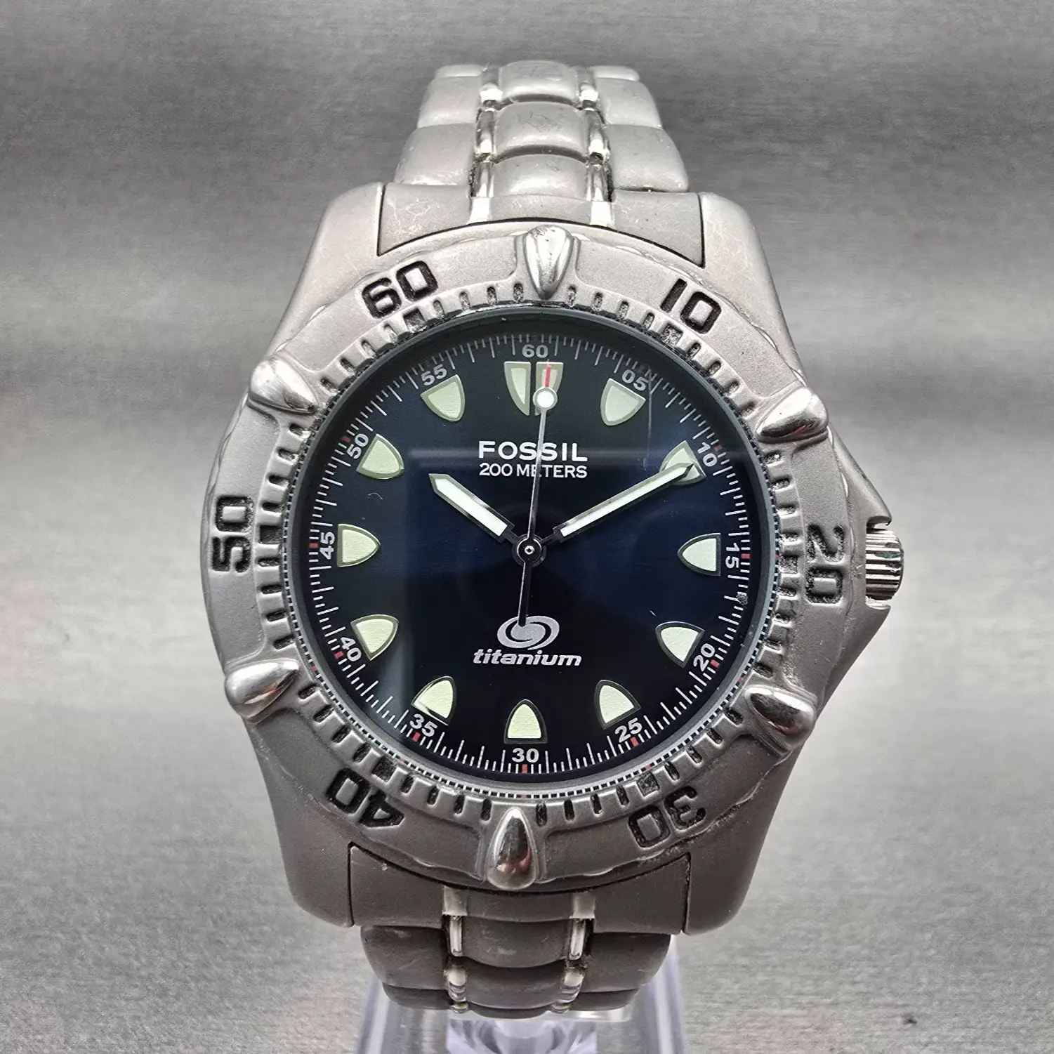 Fossil Dive Watch Men 40mm Blue Dial Gray Tone Titanium Round TI-5013 New Batt0