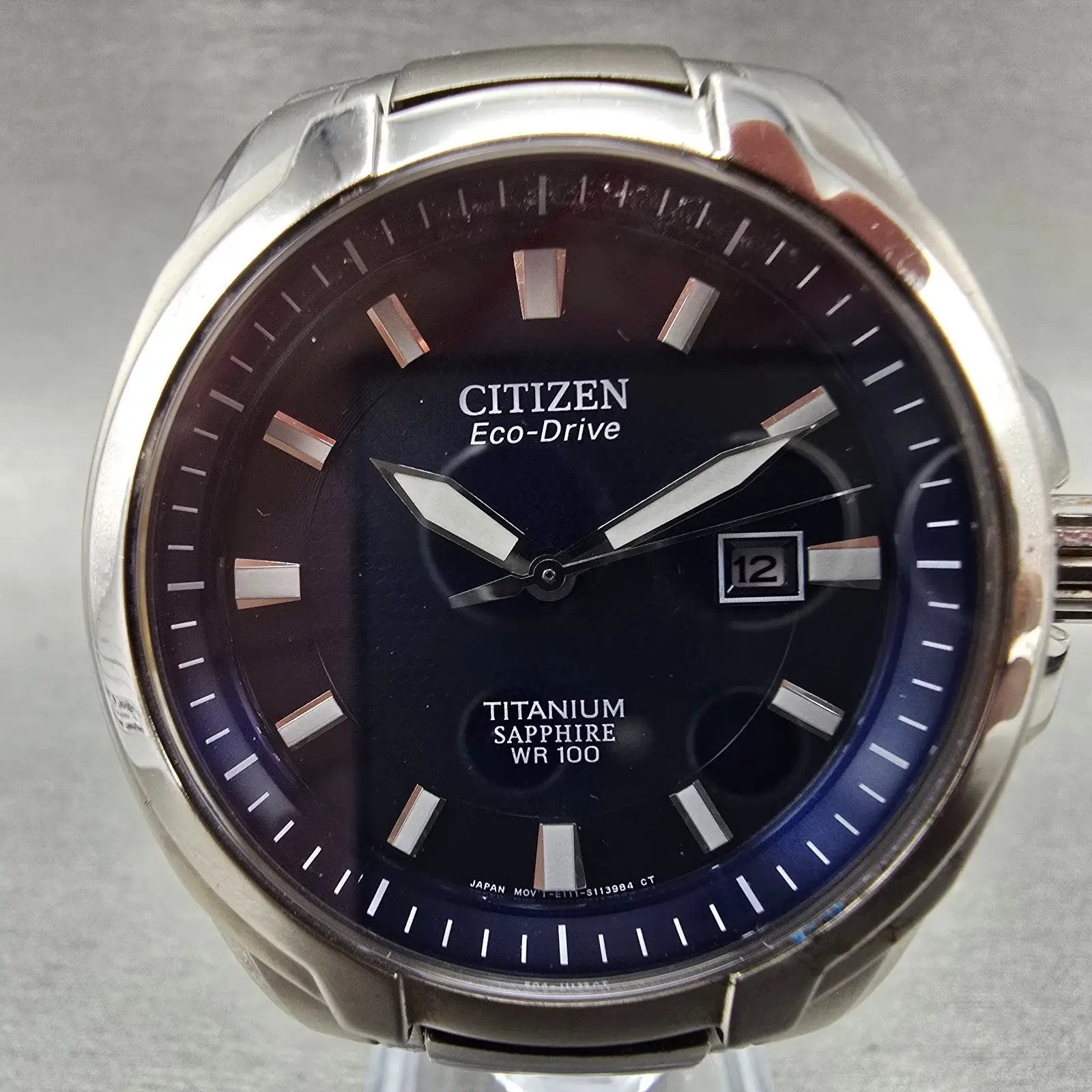 Citizen Eco-Drive Watch Men 43mm Blue Dial Titanium Date E111-S078369 Runs1