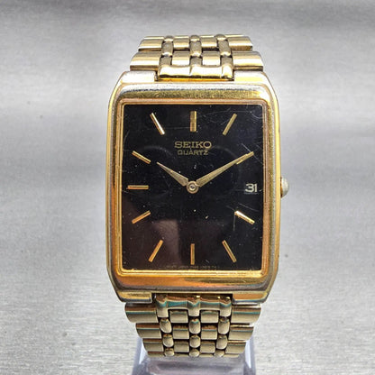 Seiko Tank Watch Men 27mm Black Dial Gold Tone Date Rectangle 7N29-5B29 New Batt0