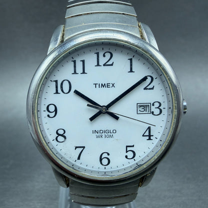 Timex Easy Reader Watch Men 35mm White Dial Silver Tone Date Round New Battery0