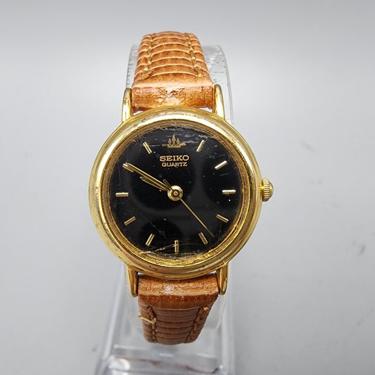 Vintage Seiko Watch Women Gold Tone Black Dial Round 1N01-0E20 New Battery