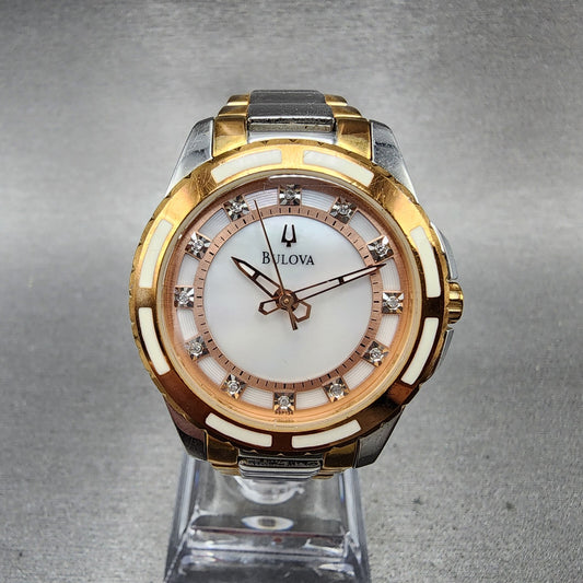 Bulova Diamond Watch Women 32mm MOP Dial Two Tone Round 98P134 New Battery0
