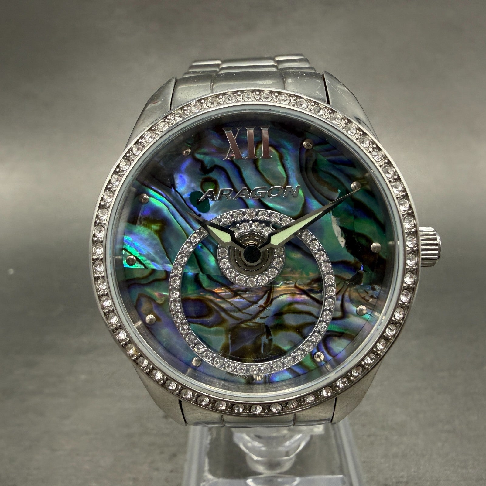 Aragon StarHalo watch Women 37mm Blue Abalone Dial Steel Crystals New Battery0