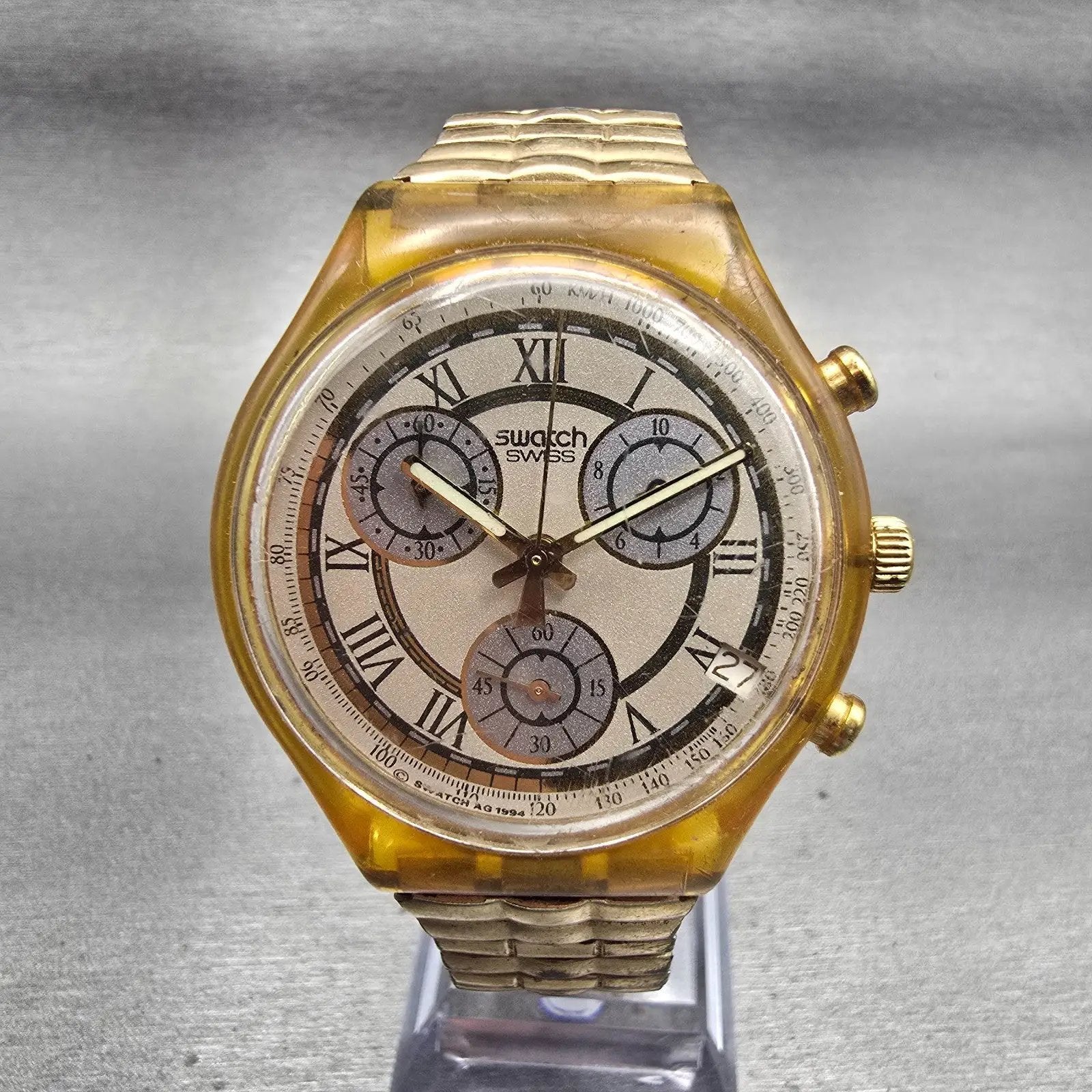 Swatch Chronograph Clocher Watch Men Champagne Dial Date SJC400 New Battery0