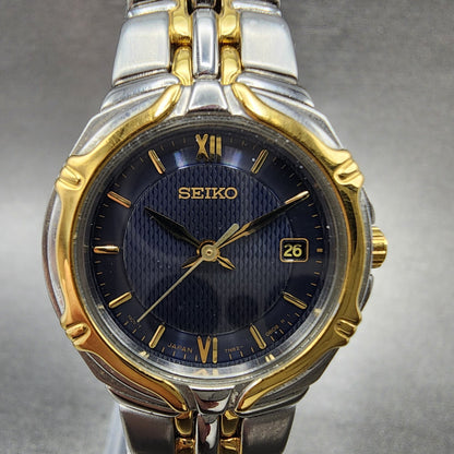 Seiko Watch Women 26mm Blue Dial Two Tone Date Round 7N820AT0 New Battery B1231