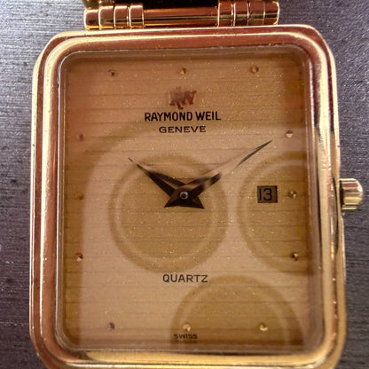 Raymond Weil Tank Watch Men 27mm Gold Dial Gold Plated Date 9983 READ!! New Batt2
