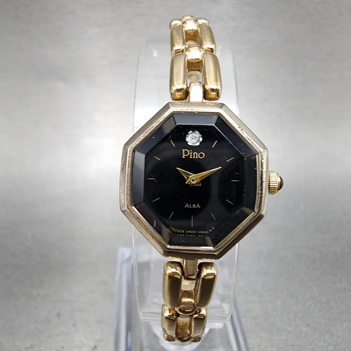 Seiko Alba Pino Watch Women 19mm Black Dial Gold Tone Octagon V4005160 New Batt0