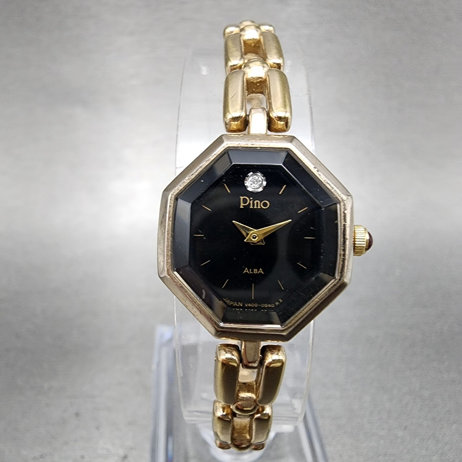 Seiko Alba Pino Watch Women 19mm Black Dial Gold Tone Octagon V4005160 New Batt0