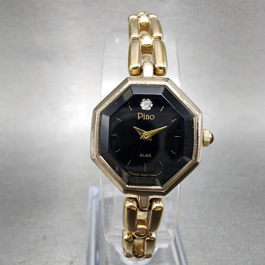Seiko Alba Pino Watch Women 19mm Black Dial Gold Tone Octagon V4005160 New Batt0