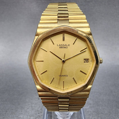 Seiko Lassale Watch Men 32mm Champagne Dial Gold Tone Date 7752-5019 New Battery