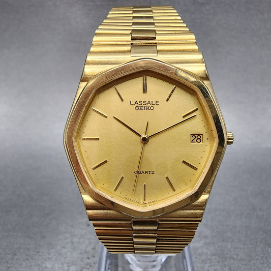 Seiko Lassale Watch Men 32mm Champagne Dial Gold Tone Date 7752-5019 New Battery