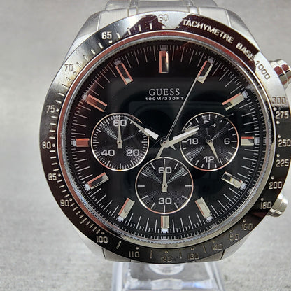 Guess Chronograph Watch Men 42mm Black Dial Steel Round U12505G1 New Battery