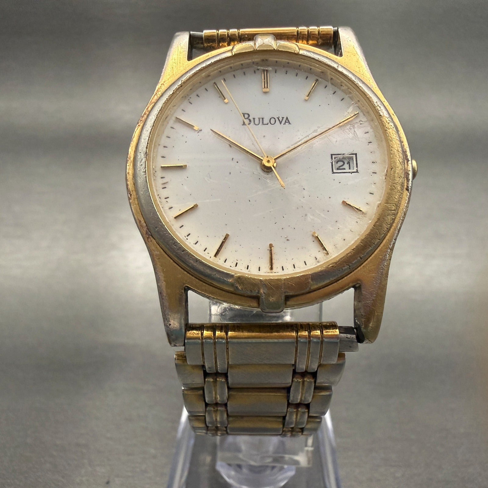 Bulova Watch Men 35mm White Dial Gold Tone Date Round Vintage New Batttery5