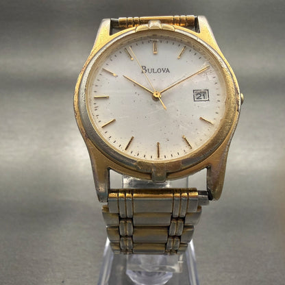 Bulova Watch Men 35mm White Dial Gold Tone Date Round Vintage New Batttery5