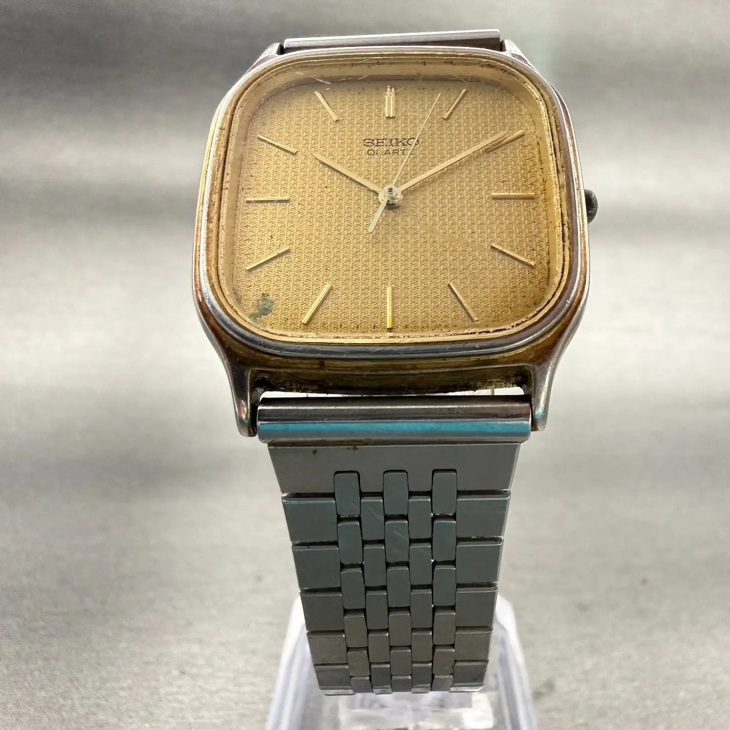 Seiko Watch Men 30mm Gold Dial Two Tone Rectangle 9021-5160 New Battery Vintage5