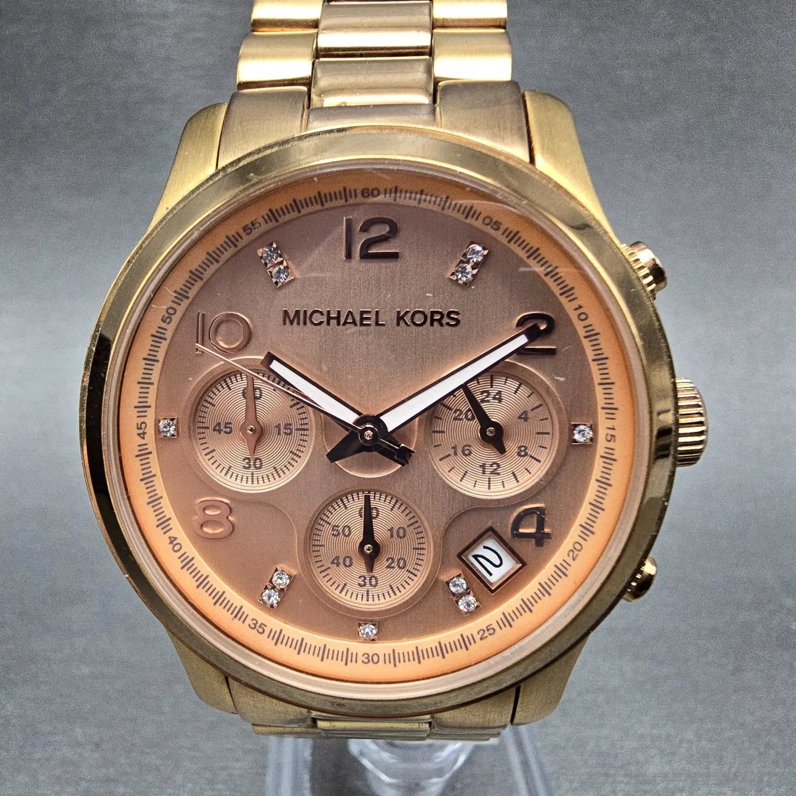 Michael Kors Chronograph Watch Women 38mm Pink Dial Rose Gold Tone MK5368 NewBat1