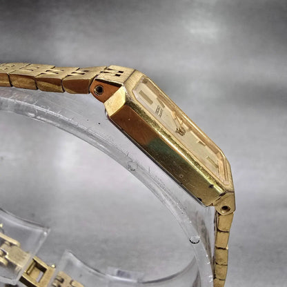 Seiko Watch Women 12mm Gold Dial Gold Tone Rectangle 1320-5029 New Battery VTG F3
