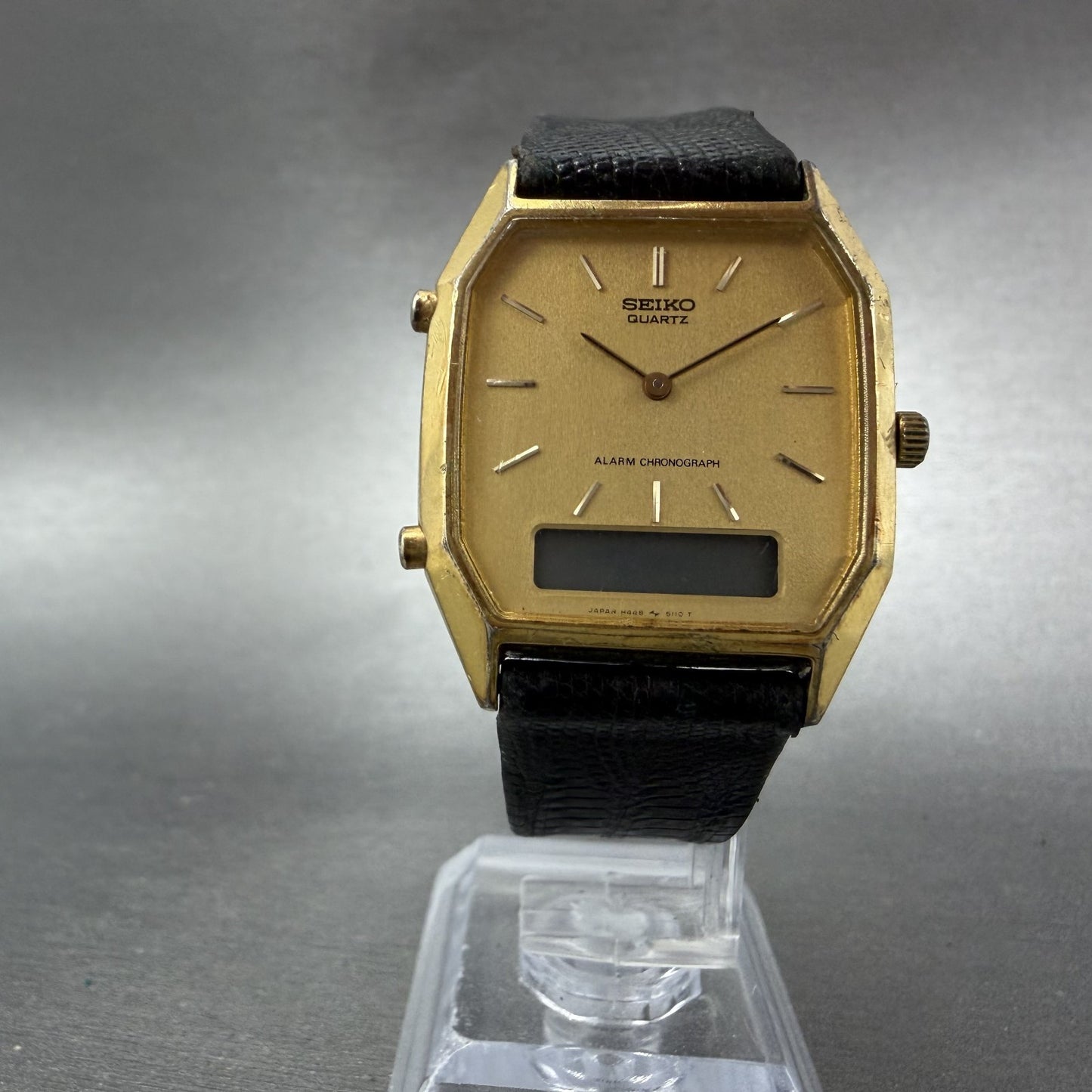 Seiko Analgo Digital Watch Men 29mm Gold Dial Gold Tone Alarm H448-5060 PARTS6