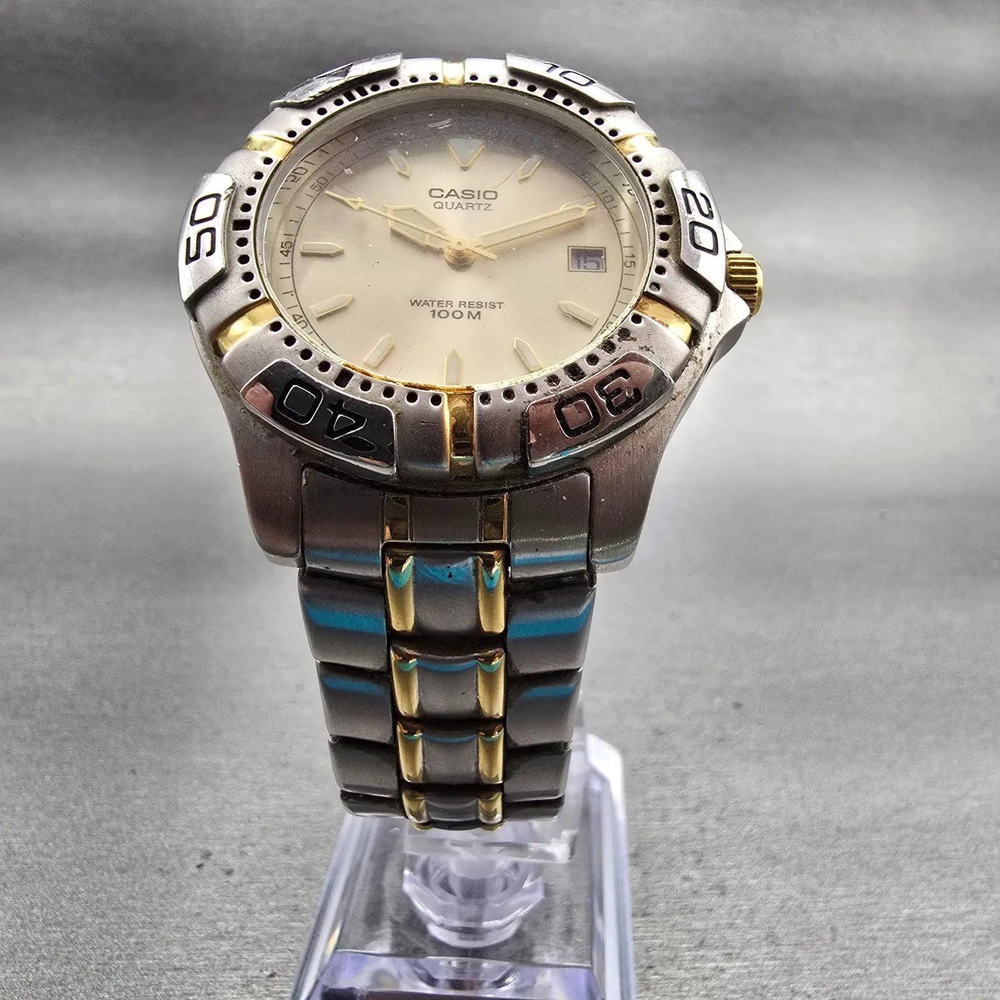 Casio Watch Men 38mm Champagne Dial Two Tone Date Round MTD-1020 New Battery5