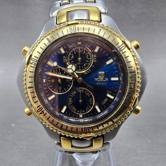 Citizen Noblia Chronograph Watch Men 42mm Blue Dial Two Tone READ!! Alarm NewBat0