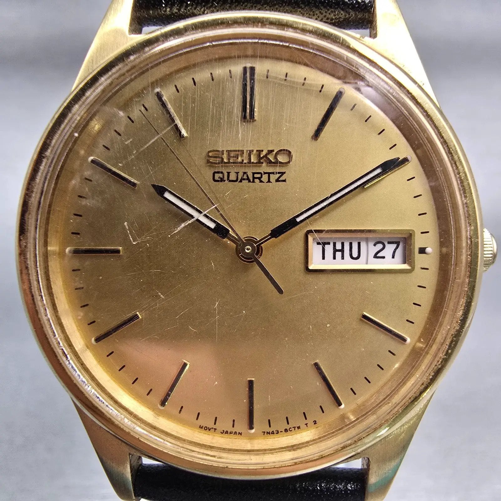Seiko Watch Men 35mm Gold Dial Gold Tone Daydate Round 7N43-8A39 New Battery VTG1
