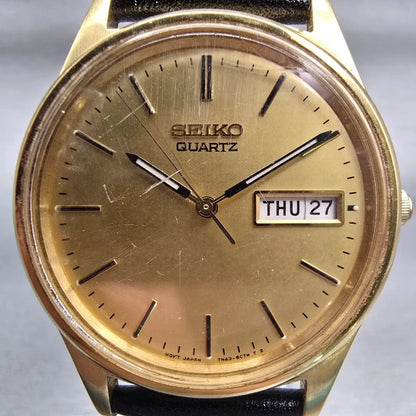 Seiko Watch Men 35mm Gold Dial Gold Tone Daydate Round 7N43-8A39 New Battery VTG1
