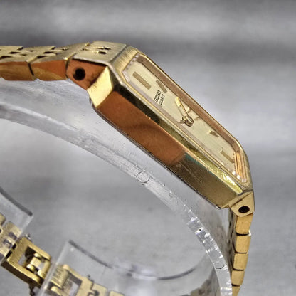 Seiko Watch Women 12mm Gold Dial Gold Tone Rectangle 1320-5029 New Battery VTG3