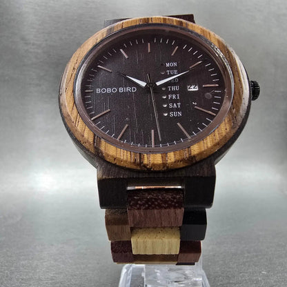 Bobo Bird Watch Men 46mm Brown Dial Wooden Case Round Daydate New Battery6