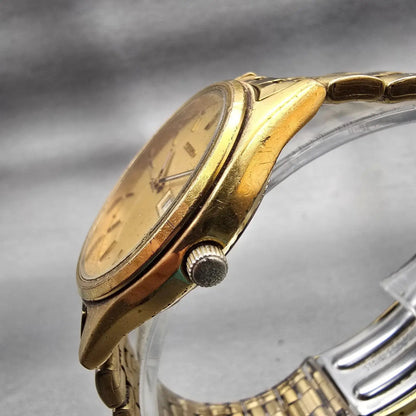 Seiko Watch Men 36mm Gold Dial Gold Tone Daydate Round 7N43-9048 New Battery VTG2