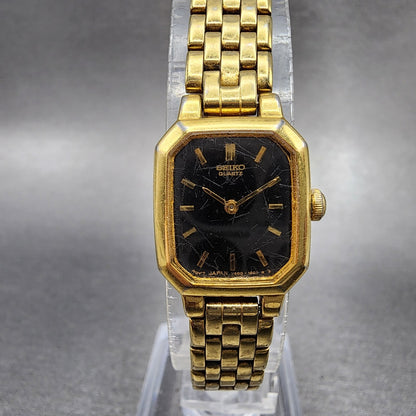VTG Seiko Watch Women 17mm Black Dial Gold Tone Octagon V4005608 New Battery A10