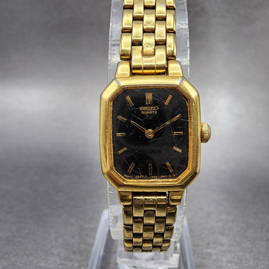 VTG Seiko Watch Women 17mm Black Dial Gold Tone Octagon V4005608 New Battery A10